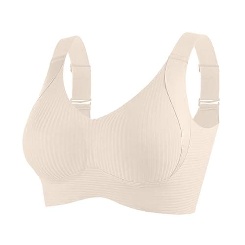 Bras for Women No Underwire Adjustable Bra Comfort Wireless Full Coverage Support Ribbed Push Up Senior Bra 2025 Khaki M