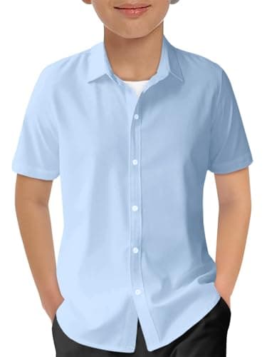 ZDC Boys Button Down Shirts Kids Summer Short Sleeve Uniform Blouse Beach Vacation Tops 5-14 Years Light Blue - Image 1