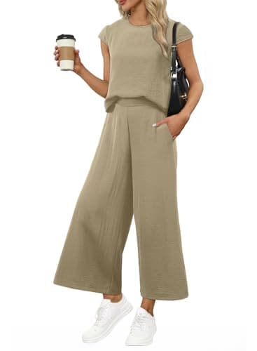 EVALESS 2 Piece Sets for Women Spring 2026 Vacation Outfits Beach Vacation Clothes Cap Sleeve Summer Tops Wide Leg Pants Matching Sets Women Clothing Khaki X-Large - Image 1