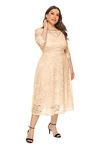 Eternatastic Womens Scooped Neckline Floral lace Top Plus Size Cocktail Party Midi Dress 5XL Beige - Thumbnail 5