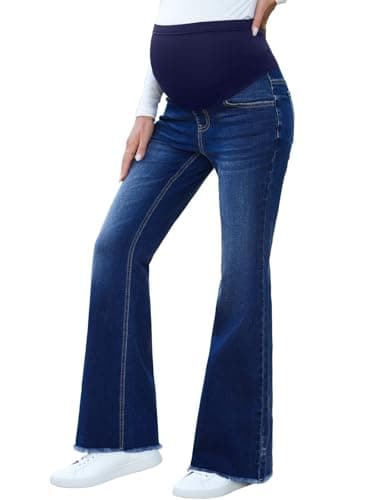 BLENCOT Maternity Denim Pants for Women Stretch Over Belly Pregnancy Jeans for Pregnant Womens Flare Bottom with Pockets Soft Comfort Fit P905 Blue 2XL - Image 1