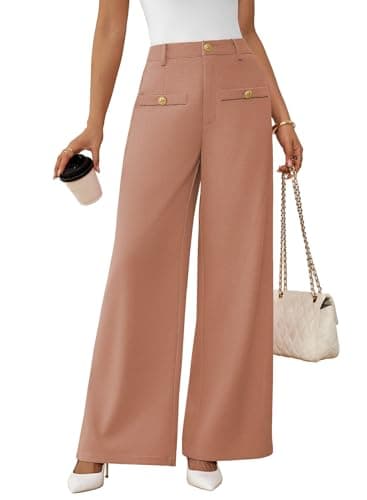 Pink Queen Black Dress Pants High Waisted Wide Leg Business Casual Slacks for Women with Pockets Button Decoration Long Trousers Floor Length Palazzo Pants for Women with Belt Loop Rose Tan S - Image 1