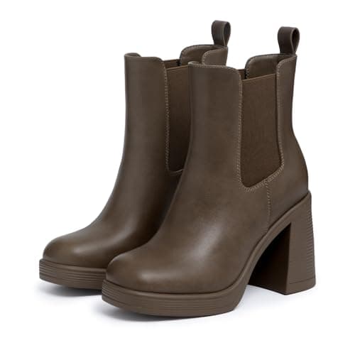 Athlefit Women's Chelsea Platform Boots High Chunky Heel Brown Ankle Boots Square Toe Slip On Elastic Heeled Booties Size 10 - Thumbnail 6