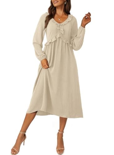 Dokotoo Maxi Dress Spring Dresses for Women 2026 Fashion Clothing Casual V Neck Teacher Outfits Boho Maxi Dress Wedding Guest Long Sleeve Elegant Classy Clothes Apricot - Thumbnail 5