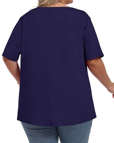 JOELLYUS Womens Plus Size Tops Summer Short Sleeve Shirts Flowy Crewneck Casual Loose Tunic Top Blouses (Dark Blue, XL) - Thumbnail 5