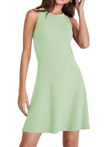 Wenrine Womens Summer Casual Tank Dress Ribbed Knit Sleeveless Crewneck A Line Mini Dresses Mint - Image 1