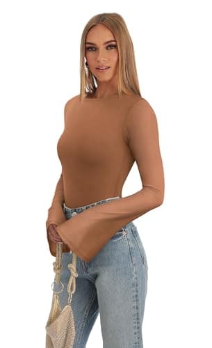 REORIA Women’s Fashion Sexy Boat Neck Classy Bell Sleeve Double Lined Sheer Mesh Cute Night Out Bodysuit Tops For Party Brown XX-Large - Thumbnail 5