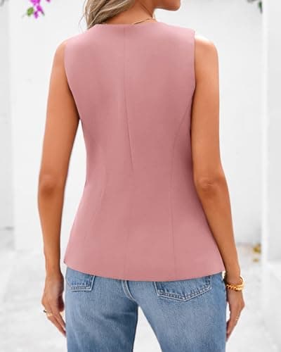BTFBM Summer Sleeveless Blazer Vest For Women Dressy Button Down Round Neck Business Casual Outfits Work Suit Vests Tops(Pink, Large) - Thumbnail 3