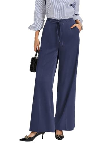 GRACE KARIN Trouser for Women, Wrinkle-Free Elastic Waist Pleated Front Straight Leg Work Palazzo Suit Pants Navy XL - Image 1
