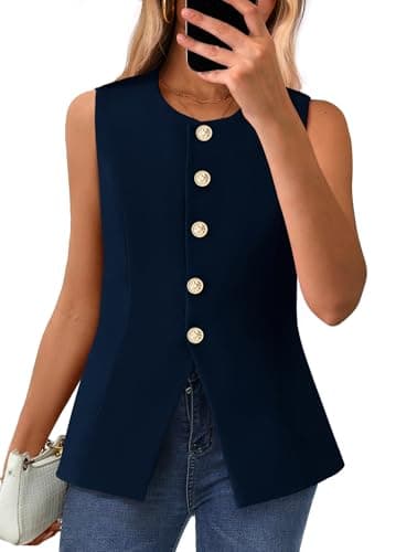 BTFBM Summer Sleeveless Blazer Vest For Women Dressy Button Down Round Neck Business Casual Outfits Work Suit Vests Tops(Navy Blue, X-Large) - Image 1