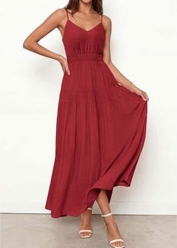 KIRUNDO Maxi Dresses for Women 2026 Summer Sleeveless Spaghetti Strap Long Flowy Beach Vacation Dress Boho A Line Sundress Red - Thumbnail 4