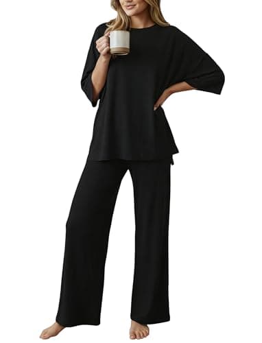 PATPAT Lounge Sets for Women Short Sleeve Pajama Set Soft Comfy Elastic Pjs 2 Piece Loungewear Outfits with Pockets Black, S - Image 1