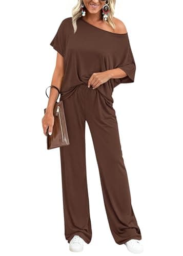 KIRUNDO Lounge Sets for Women Airport Travel Outfit 2026 Summer Off the Shoulder Tops Wide Leg Pants 2 Piece Matching Set(Brown, Large) - Image 1