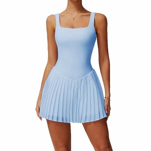 Womens Square Neck Tennis Dress Sleeveless Built in Shorts with Pockets Golf Athletic Dress Blue-XS - Image 1