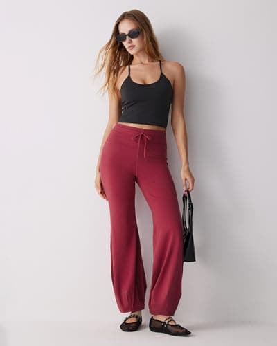 MOOSLOVER Women Quick Step Bubble Pants Drawstring High Waist Flare Leggings Casual Lounge Yoga Active Pant(XL,Burgundy) - Thumbnail 5