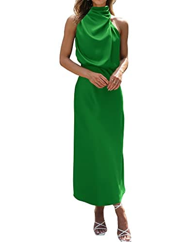 BTFBM Cocktail Dresses for Women Summer Satin Silk Sleeveless Mock Neck Maxi Wedding Guest Dress Spring Outfits 2026(Brilliant Green, XX-Large) - Image 1