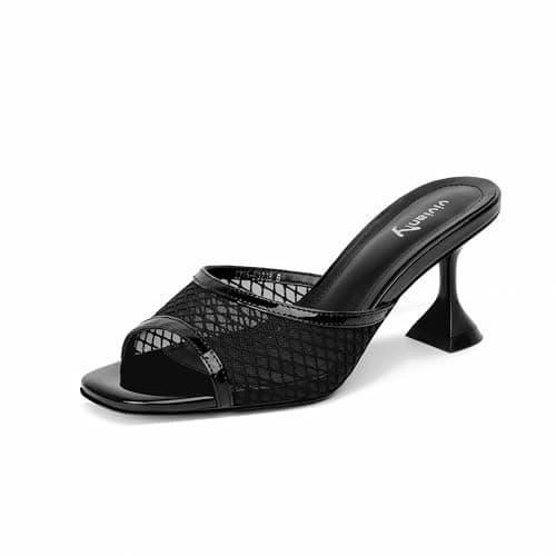 vivianly Womens Mesh Kitten Heel Sandals Low Heel Slip On Slides Square Open Toe Patent Leather Backless Heeled Dress Shoes for Party Daily Wear Size 9.5 - Image 1