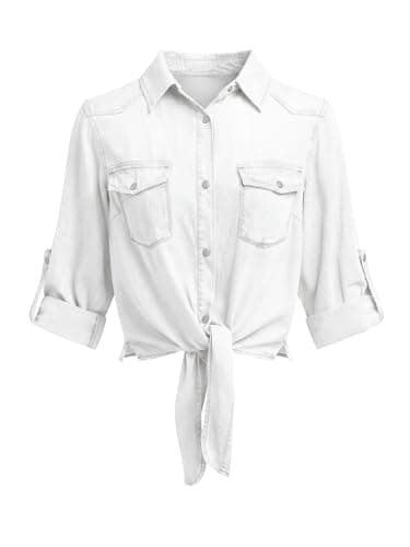 PRETTYGARDEN Womens Tie Knot Front Snap Button Jean Shirts Chambray Snap Button Cardigan Summer Tops for Women Trendy Jacket (White, XX-Large) - Image 1