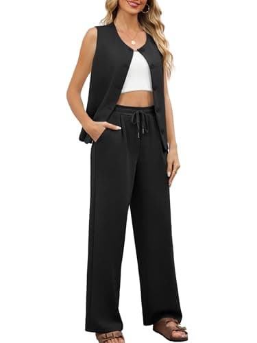 Casly Lamiit 2 Piece Lounge Sets for Women Dressy Casual Outfits Travel Airport Sleeveless Blazer Vest and Pants Set Beach Vacation Clothes Black XL - Thumbnail 3