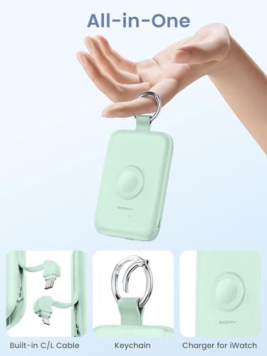 RORRY CharmGo Portable Charger, 10000mAh 20W Fast Charging Portable Charger Power Bank with Built in Cables, Travel Battery Pack for iPhone 17/16/15/14/13/12 and Apple Watch, Green - Thumbnail 2