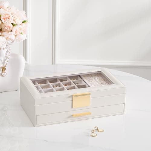 Lolalet Earring Storage Box Case with Glass Top, Large Earring Jewelry Holder Organizer Display with Drawer and Grid, Gift for Girls Women -2 Tiers, Cloud White - Thumbnail 6