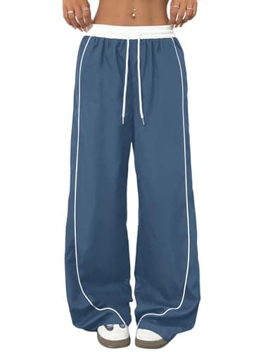 ZAFUL Womens Parachute Pants Y2K Wide Leg Cargo Sweatpants Drawstring Waist Jogger Pants with Pockets Blue XL - Image 1