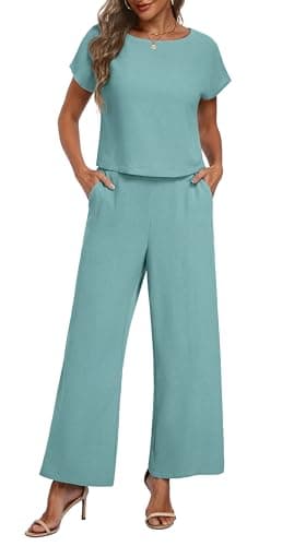 Lepunuo Two Piece Outfits for Women Summer Cozy Cap Sleeve Top and Loose Wide Leg Pants Sets Lounge Matching Set - Image 1