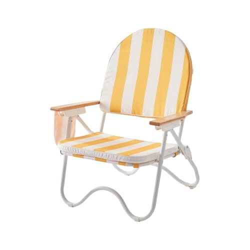 DEER LAND Padded Low Beach Chair, 4-Position Folding Outdoor Chair with Wooden Armrests, Cushioned Seat, Storage Pouch & Carry Strap for Beach, Patio and Lawn, Cala Serena Ochre Stripe - Image 1