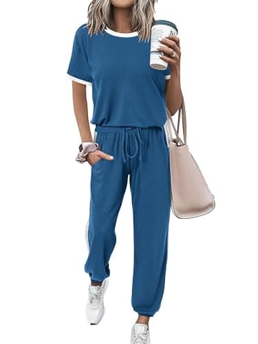MASCOMODA Womens 2 Piece Outfits 2026 Summer Tracksuit Sets Short Sleeve Tops Travel Long Pants Jogger Lounge Set(Blue,Large) - Image 1