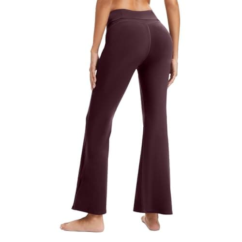 AMLEER Women's High Waist Full-Length Flare Leggings with Side Slit - Tummy Control Butt Lifting Gym Yoga Pants (Brown, X-Large) - Thumbnail 2