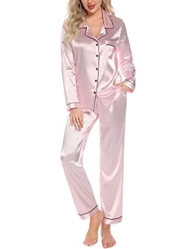 Pjmlifecoco Button Down Pajamas Women Silk Satin Pajama Set Long Sleeve Soft 2 Piece Pjs Solid Cozy Sleepwear Pink