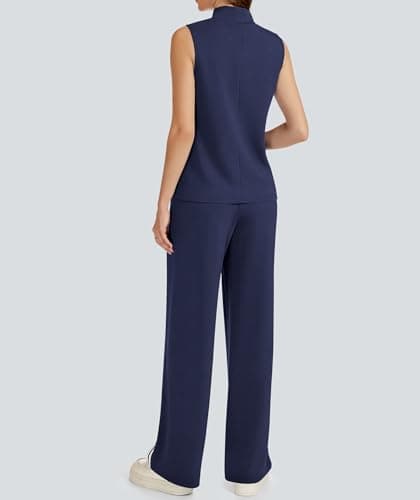 Casly Lamiit Two Piece Lounge Sets for Women Travel Outfits Casual Track Suit Sleeveless Tops Wide Leg Pant Summer Tennis Set Activewear Navy Blue L - Thumbnail 5