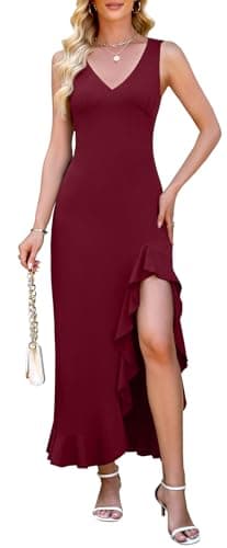 WEACZZY Women V Neck Sleeveless Ruffle Long Dress Birthday Backless Party Dresses Going Out Sunmmer Vacation Maxi Dress,Wine Red,L - Image 1
