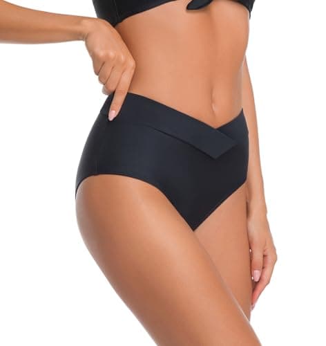 COCOPEAR V Cut Mid Rise Bikini Bottoms for Women Cross Front Bathing Suit Bottoms for Women Black S - Thumbnail 3