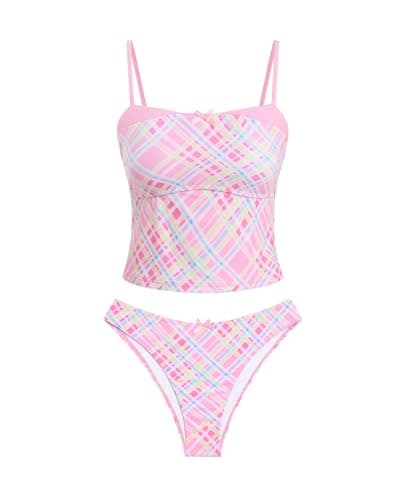 ZAFUL Tankini Swimsuits for Women Sexy Retro Y2K Two Piece Bathing Suit Cute High Leg Crop Tankini Sets, Plaid Pink, XL - Image 1