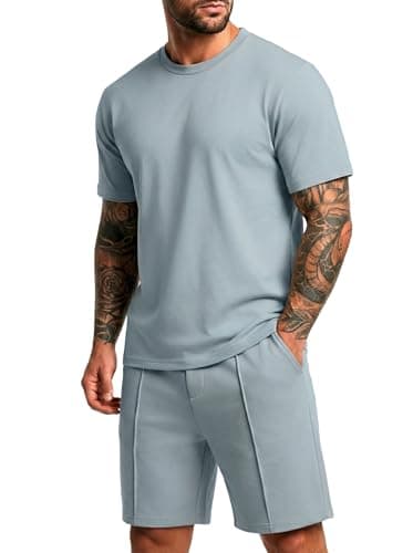 PrinStory Mens Short Sleeve Outfits 2 Piece Trackuits Summer Casual Shirt and Shorts Set with Pockets Blue-XL - Image 1