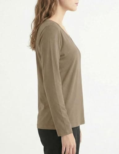 GAMISS Women's Top V Neck Tee Basic Solid Color Long Sleeve Underlayer Shirt Brown XL - Thumbnail 4