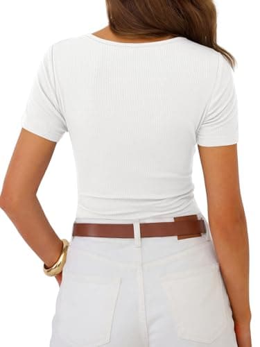 GKBK Women's Lace White Top Short Sleeve Cute Sexy Tops Y2k Basic Fitted Ribbed Shirts Going Out Summer Trending Fashion Clothes S - Thumbnail 3