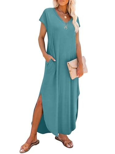 RUMIA Summer Casual Maxi Dresses for Women- Women's V Neck Cap Sleeve Long Sundress with Pockets Beach Vacation Turquoise - Image 1