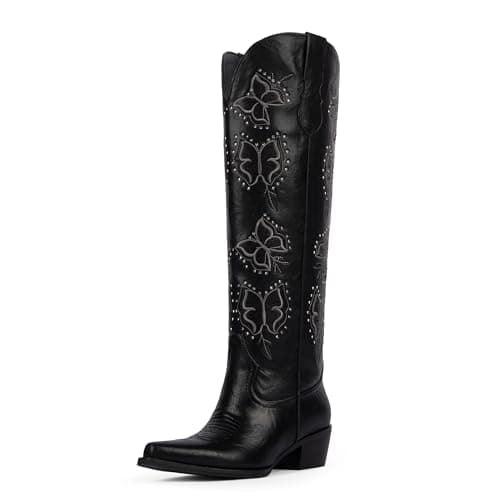 Easyfox Black Cowboy Boots for Women Rhinestone Knee High Cowgirl Boots Chunky Heel Butterfly Embroidered Western Boot Pointed Toe Slip on Block Heel Cow Girl Boot Size 11