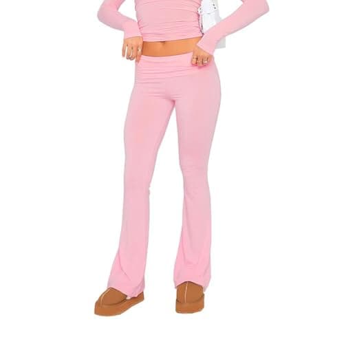 Fawjsais Flare Leggings for Women Skinny Fold Over Leggings Bootcut Yoga Pants Low Rise Sweatpants Pink M - Image 1