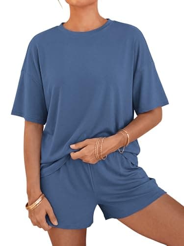BTFBM 2 Piece Short Sets For Women 2026 Summer Airport Travel Vacation Outfits Loose Matching Clothing Spring Lounge Set(Grey Blue, Small) - Image 1
