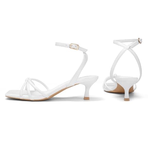Athlefit White Kitten Heels for Women Square Open Toe Strappy Low Heels Comfortable Dressy Ankle Strap Sandals Size 9 - Thumbnail 6
