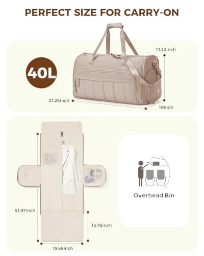 WANDF Convertible Garment Bags for Travel with Wet Pocket Carry on Garment Duffle Bag 2 in 1 Puffy Hanging Clothes Travel Bags with Shoe Compartment for Airplanes Business Weekend Gym Wedding (Khaki) - Thumbnail 6