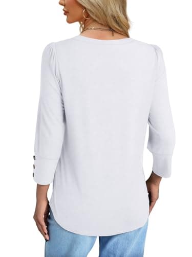 NORACORA 3/4 Length Sleeve Womens Tops with Button Cuffs Dressy Casual Blouses for Women V Neck T Shirts Beach Vacation Spring Summer Outfits White XL - Thumbnail 5