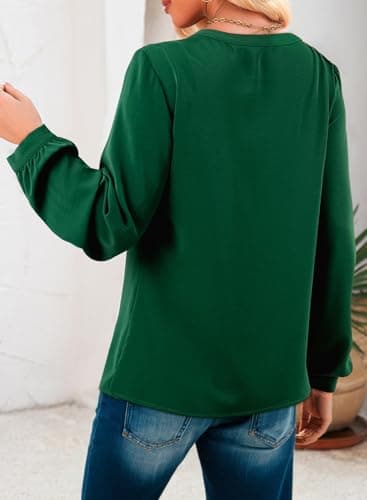 Dokotoo Womens Long Sleeve Tops Dressy Casual Spring Clothes Business Work Blouses Emerald Green Button Down Shirts V Neck Blouses for Women XXL - Thumbnail 2