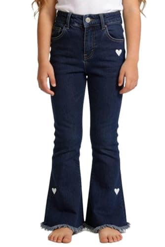 SELINK Girls High Waisted Flared Jeans with Heart Embroidery Kids Stretchy Denim Pants with Frayed Hem Navy 12 - Image 1
