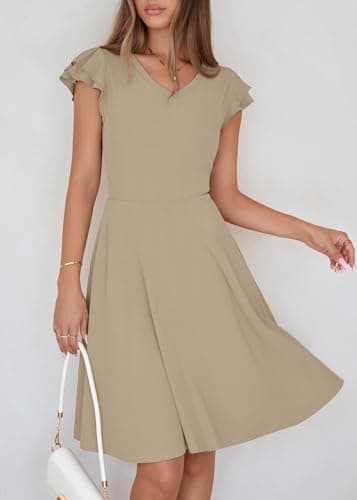 Lazysmile Summer Dresses for Women Ruffle Short Sleeve V Neck A Line Swing Ribbed Knit Casual Mini Short Dress Khaki - Thumbnail 6