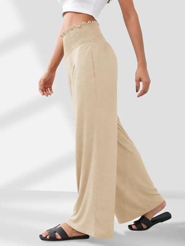 GEMLON Womens Pants High Waisted Palazzo Pants Wide Leg Long Pant Casual Lounge Trousers with Pocket(Beige,2XL) - Thumbnail 3