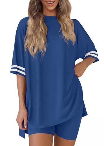 KIRUNDO Women's 2 Piece Lounge Set Airport Travel Outfit 2026 Summer Oversized Shirts Matching Biker Shorts Fashion Clothing(Blue, Small) - Image 1